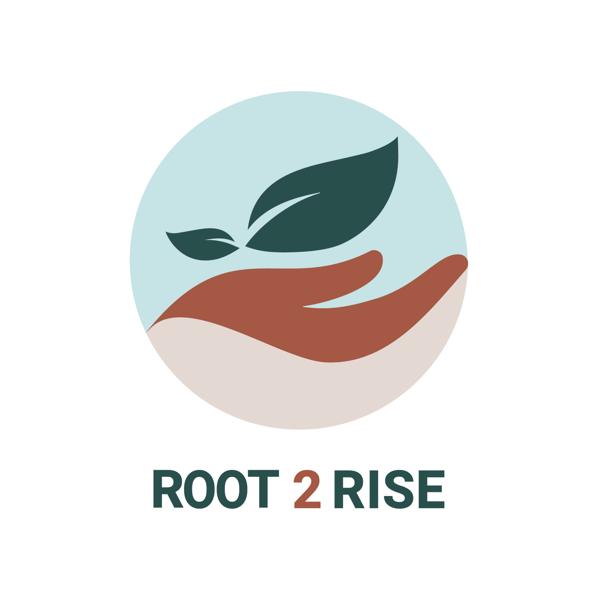 Root 2 Rise logo, a non-profit organization providing mentor-tutor programs for elementary students, featuring a stylized hand in terracotta supporting a sprouting leaf against a sky-blue background, symbolizing growth and support