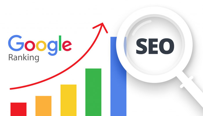 Google ranking graph with increasing bars and SEO magnifying glass