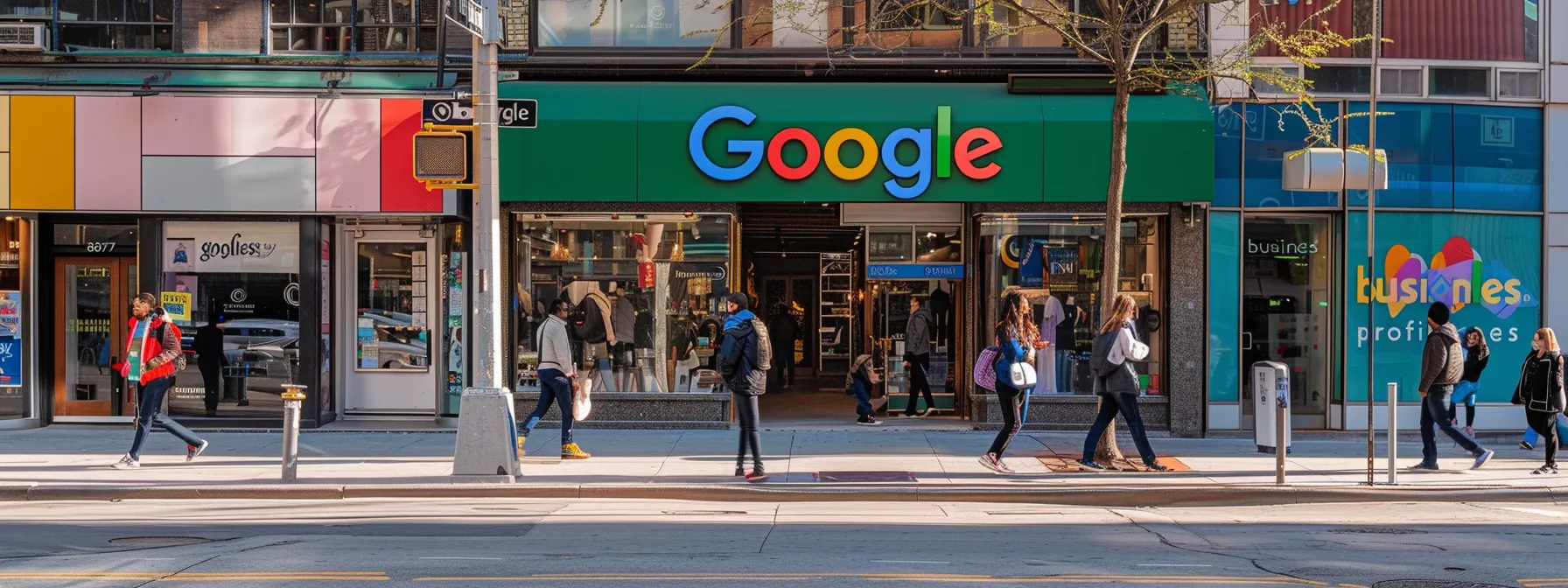 a bustling city street with a vibrant, colorful storefront displaying a "google business profile" sign to emphasize boosting local seo efforts.