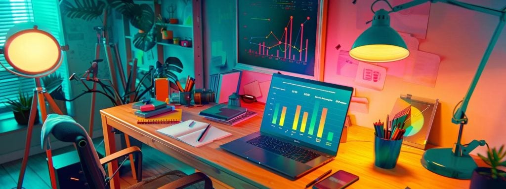 a dynamic digital marketing workspace featuring a vibrant, solar-lit desk with a laptop displaying colorful graphs and a notepad filled with creative seo strategies, symbolizing growth and innovation for small businesses.