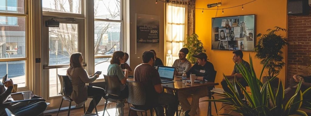 a vibrant digital marketing strategy session unfolds in a cozy small business office, with diverse entrepreneurs animatedly discussing seo strategies and local engagement tactics, illuminated by warm, natural light streaming through large windows.