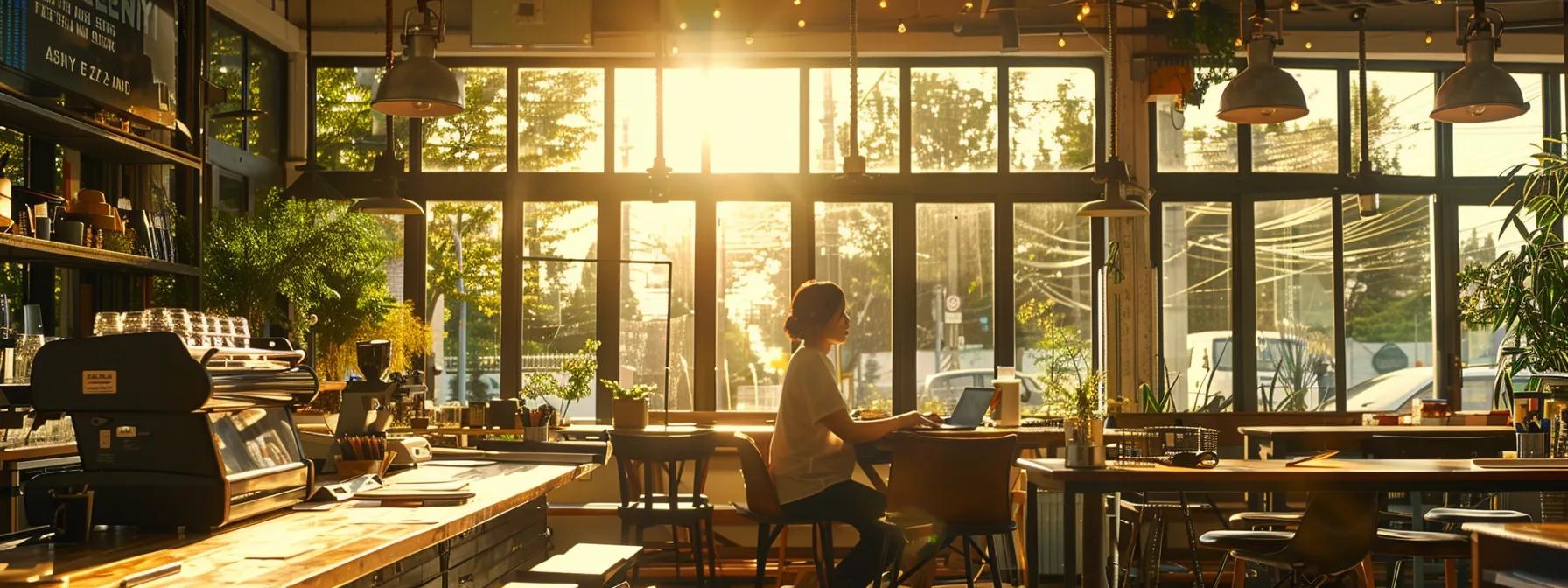 a visually engaging scene of a small business owner analyzing digital marketing strategies on a laptop amidst a vibrant, bustling workspace, illuminated by warm natural light filtering through large windows.