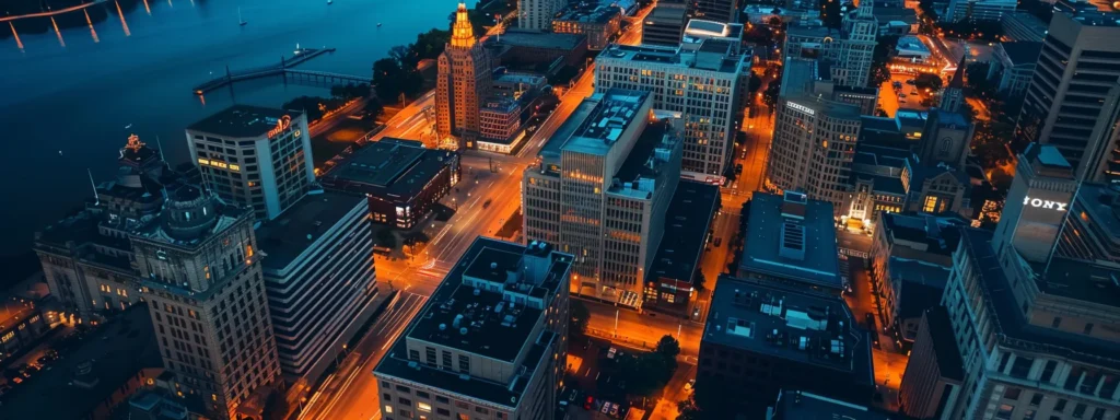 a vibrant aerial view of madison's bustling business district, illuminated by digital marketing icons and seo graphs, symbolizing the transformative power of online visibility for local enterprises.