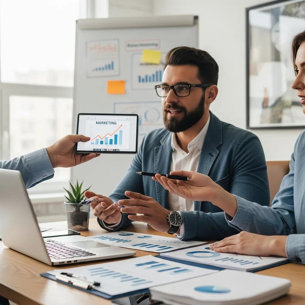 Small business owner consulting with a digital marketing expert in a cozy office setting