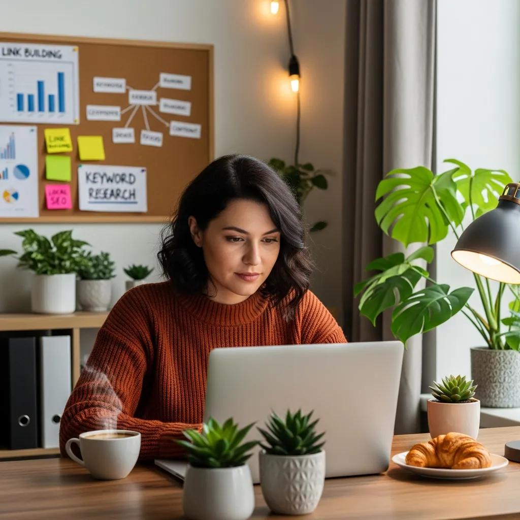 Small business owner optimizing SEO strategies in a cozy office setting
