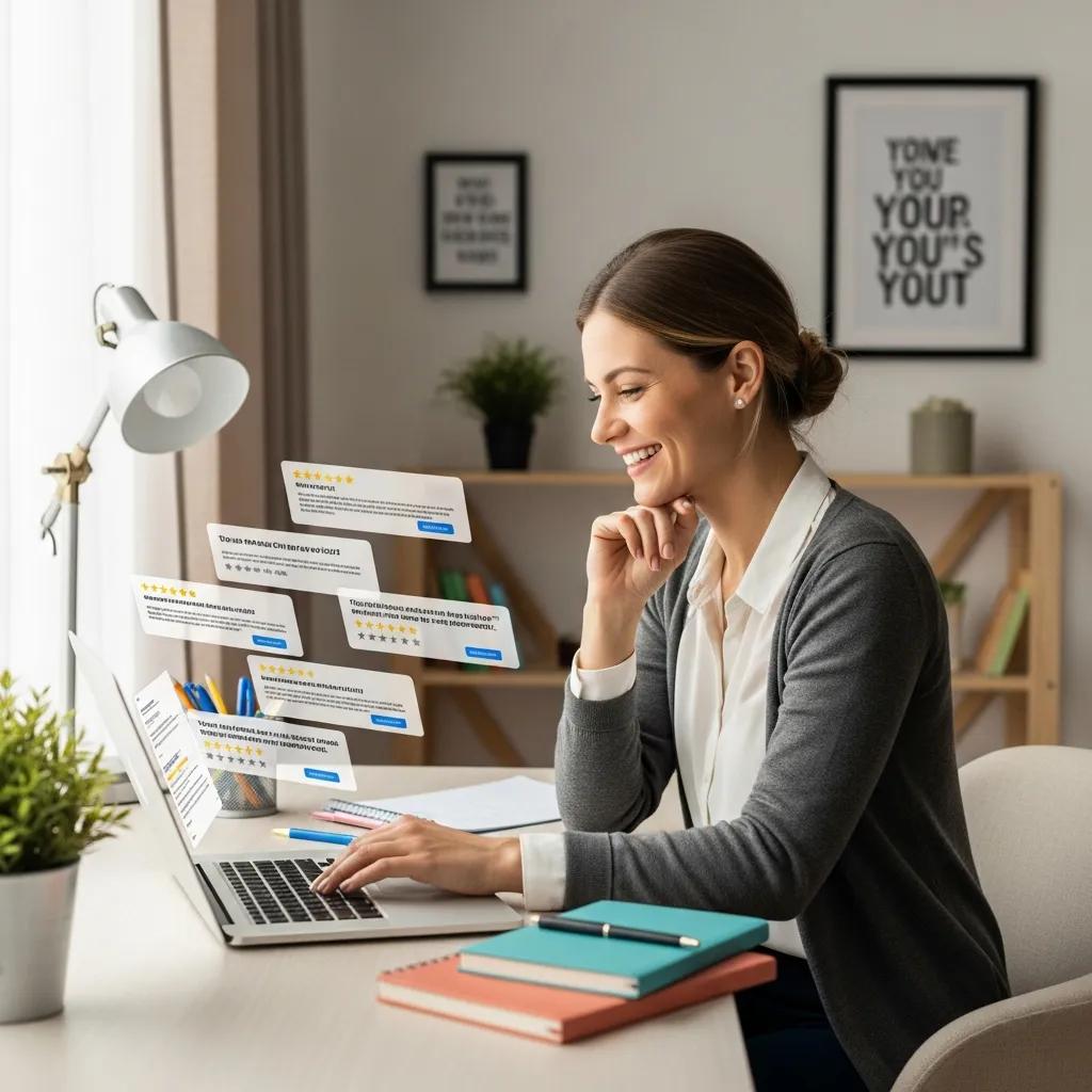 A small business owner reading positive client testimonials on a laptop in a bright workspace