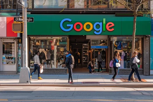 a bustling city street with a vibrant, colorful storefront displaying a "google business profile" sign to emphasize boosting local seo efforts.