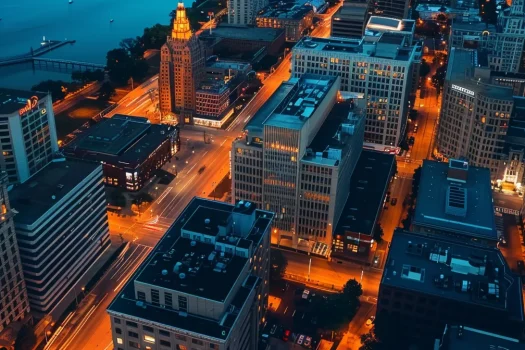 a vibrant aerial view of madison's bustling business district, illuminated by digital marketing icons and seo graphs, symbolizing the transformative power of online visibility for local enterprises.