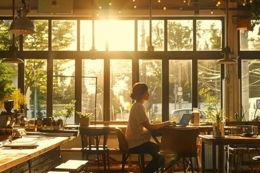 a visually engaging scene of a small business owner analyzing digital marketing strategies on a laptop amidst a vibrant, bustling workspace, illuminated by warm natural light filtering through large windows.